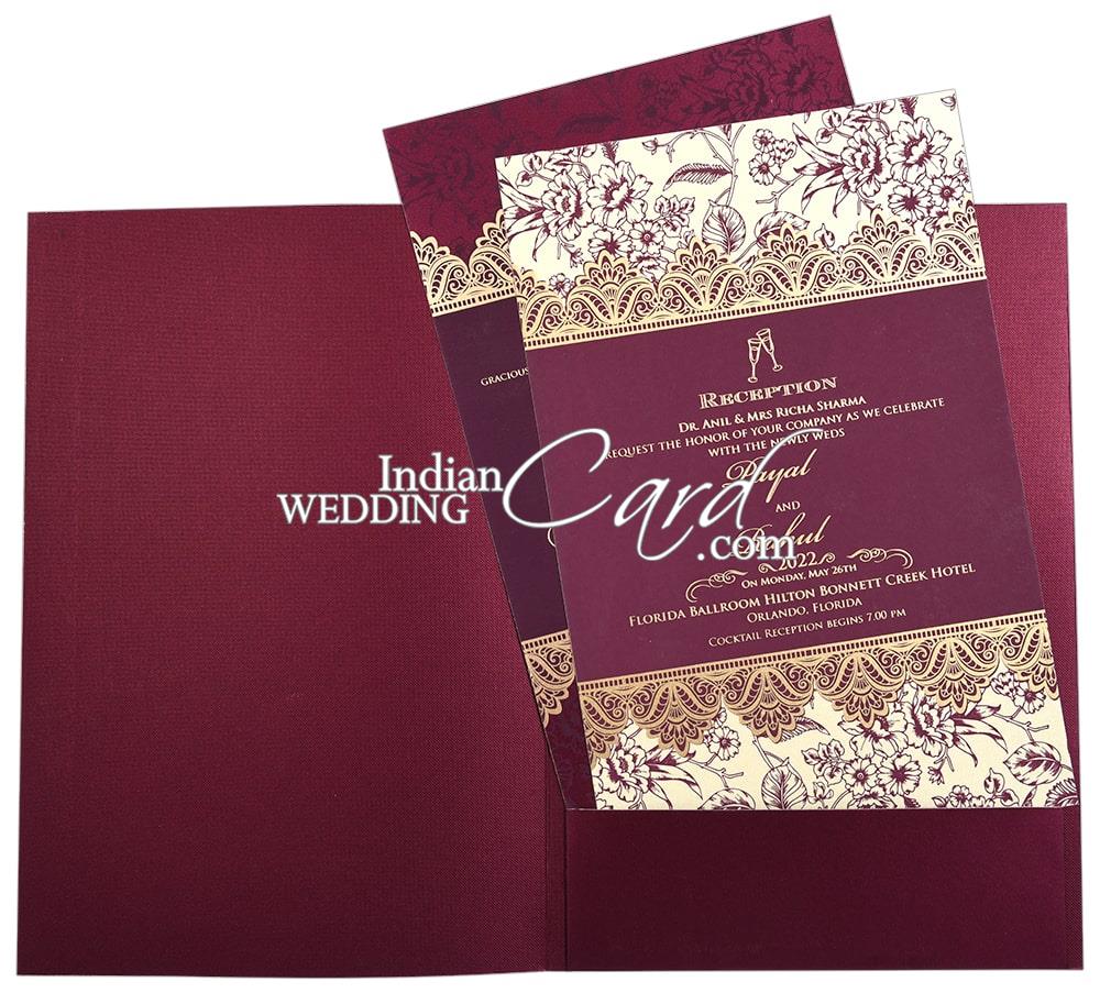 deep purple color floral border based sikh wedding card