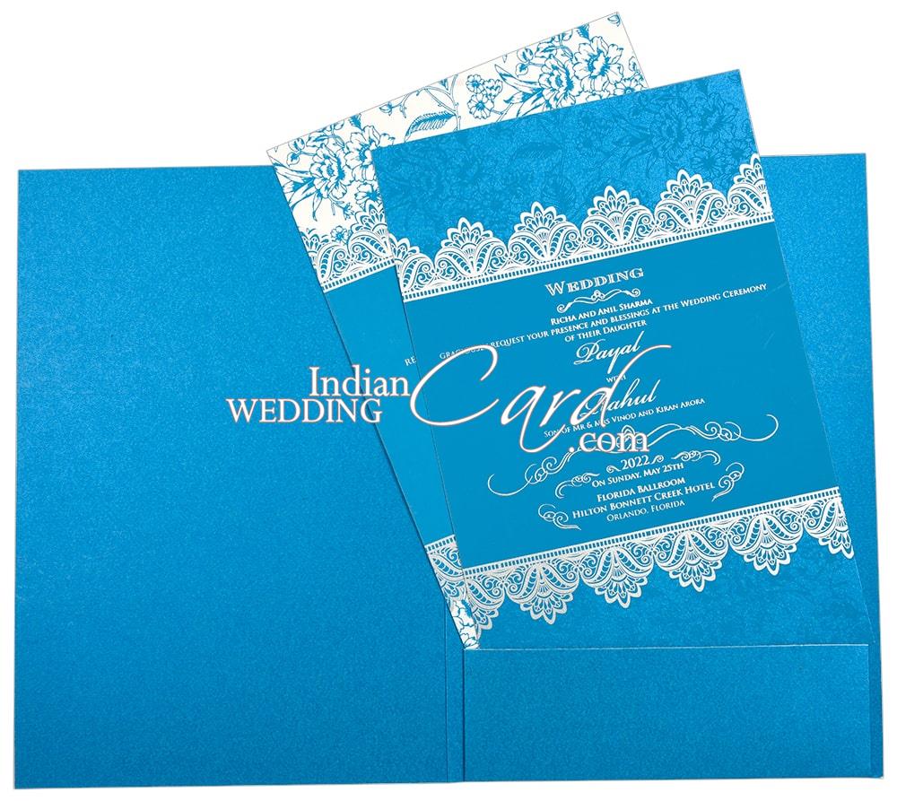 turquoise blue color floral border based sikh wedding card