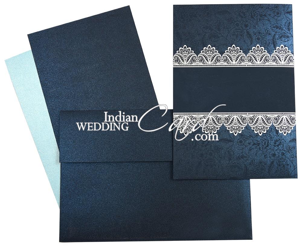Navy blue color floral border based Ganesha theme wedding card - D-9221, image size:1000x814