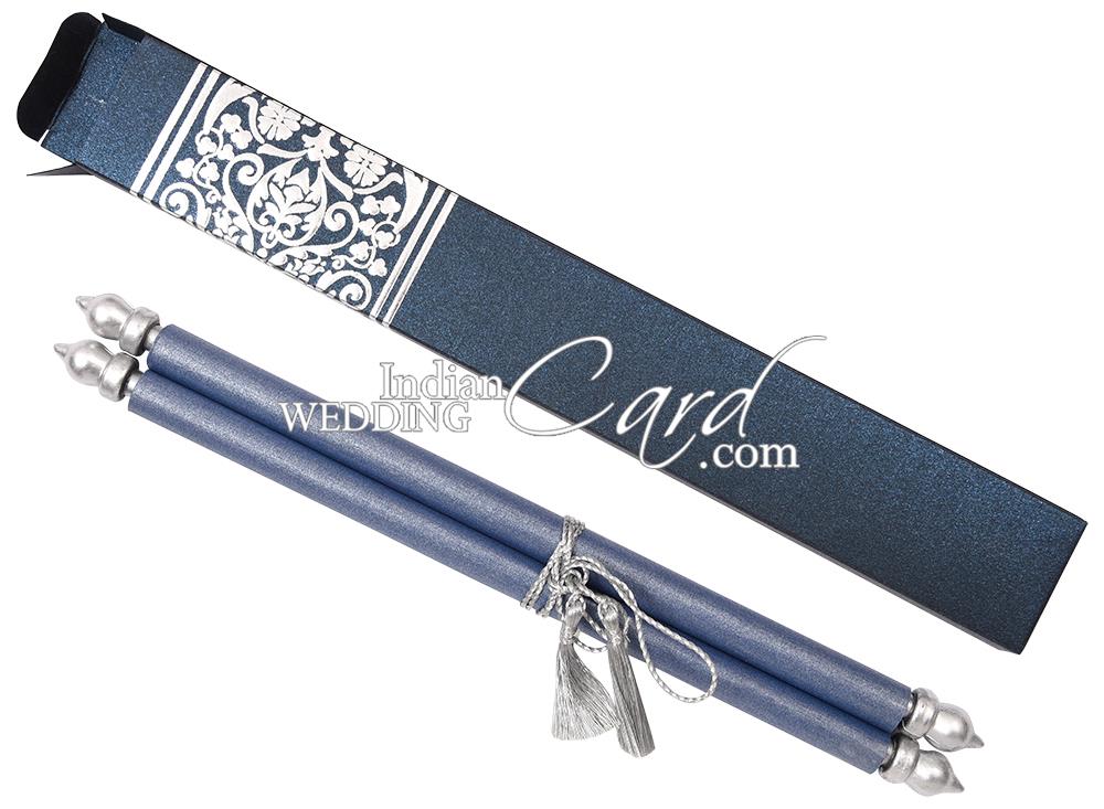 S1168, Blue Color, Shimmery Finish Paper, Scroll Invitations, Box Scrolls.