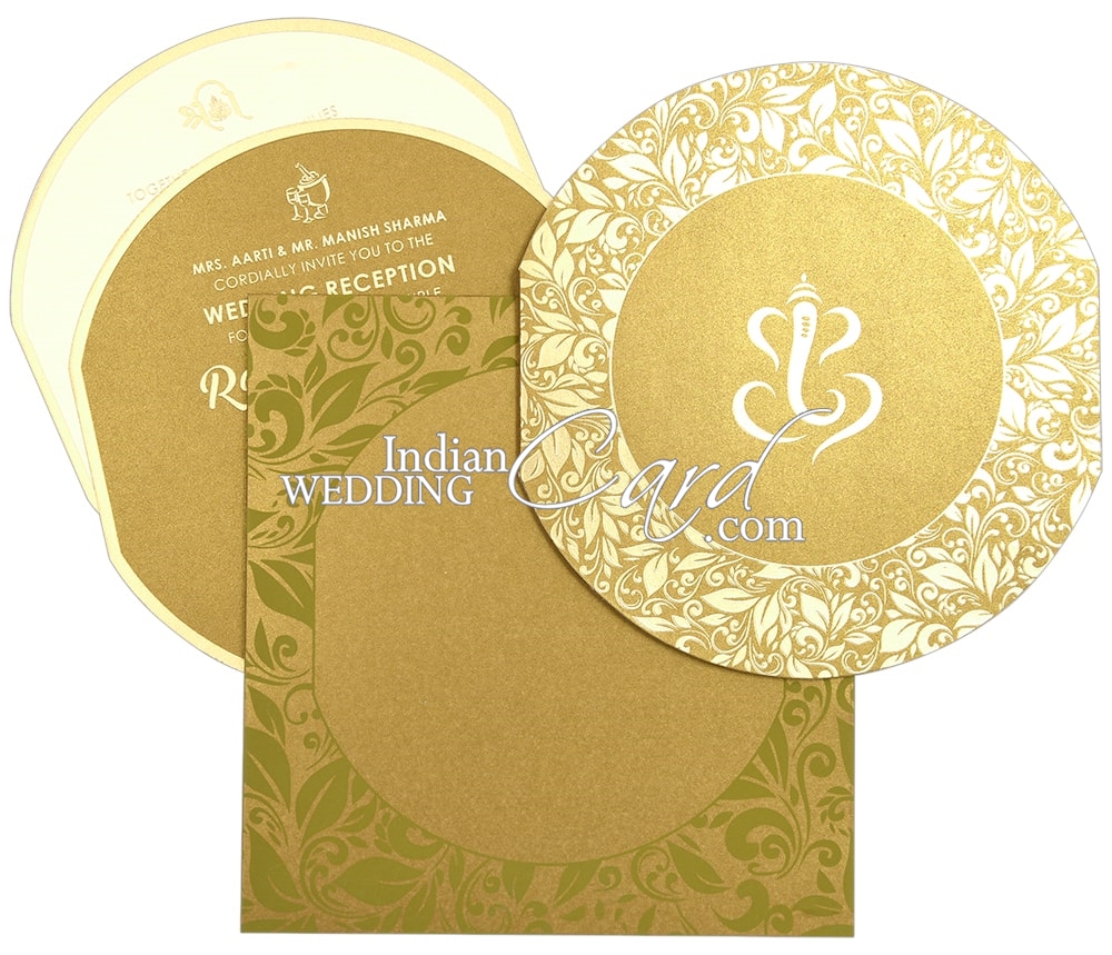 A Majestic Wedding Invitation with a Backdrop of Rose Gold, the logo of  Lord Ganesha, a portrait of Lord Ram and Goddess Sita, Floral Arrangements  of Marigolds, and Grandiose Elephants, design no.1507 -